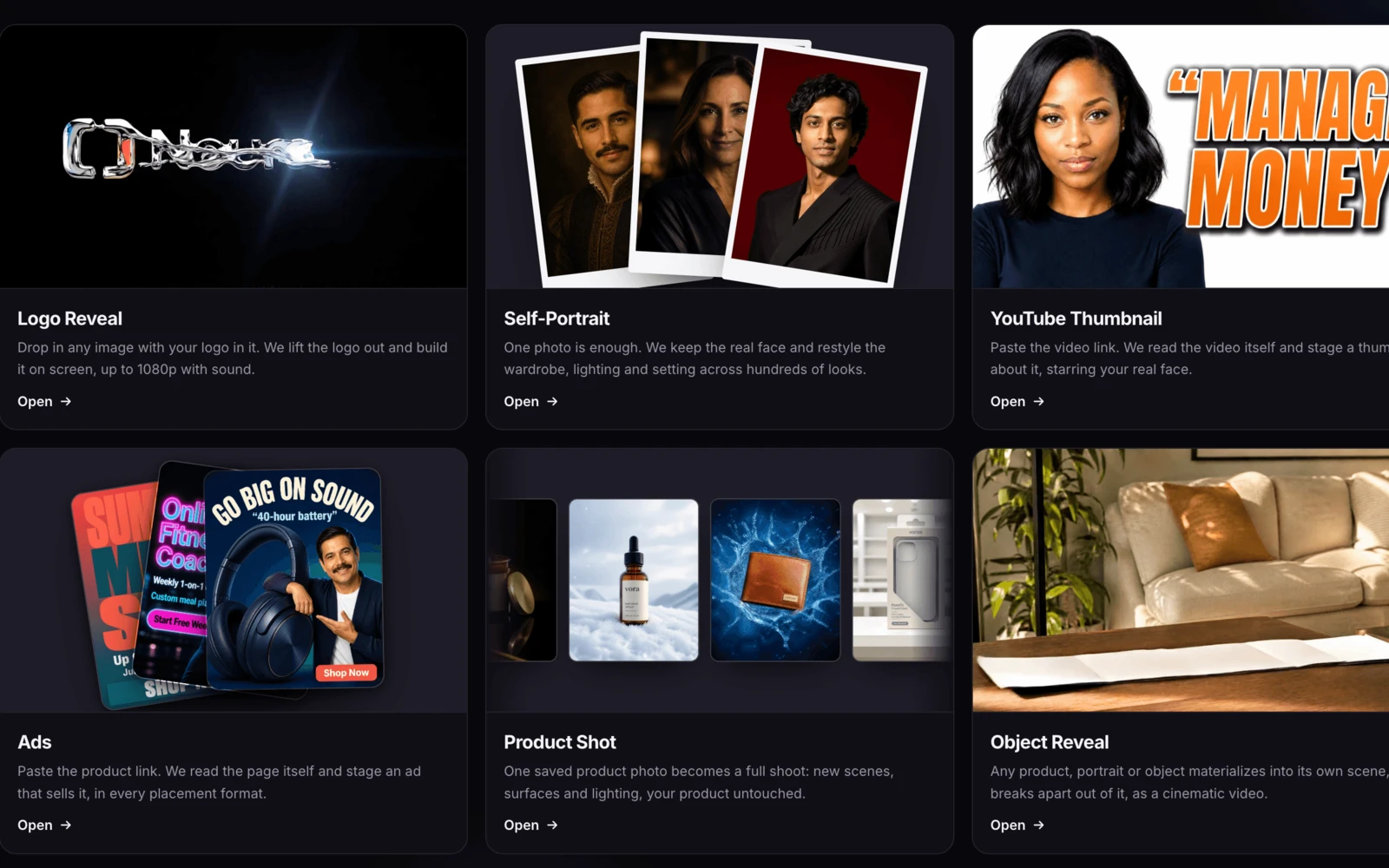 The Neurall create home, one card per feature