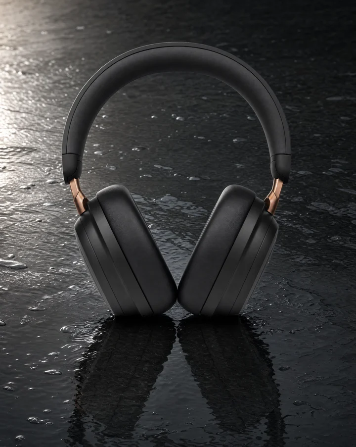 Headphones photographed on wet stone